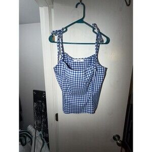 JustFab Blue and White Gingham Tie-Shoulder Tank Top